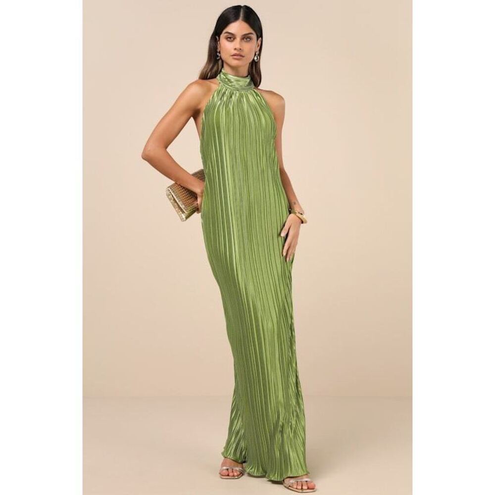 Lulus Gwenny Lime Green Satin Plisse Maxi Dress - Size M